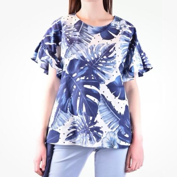 NWT Twinset Milano St. Tropi tropical floral polka dot flutter sleeve top sz 46 - Picture 1 of 12